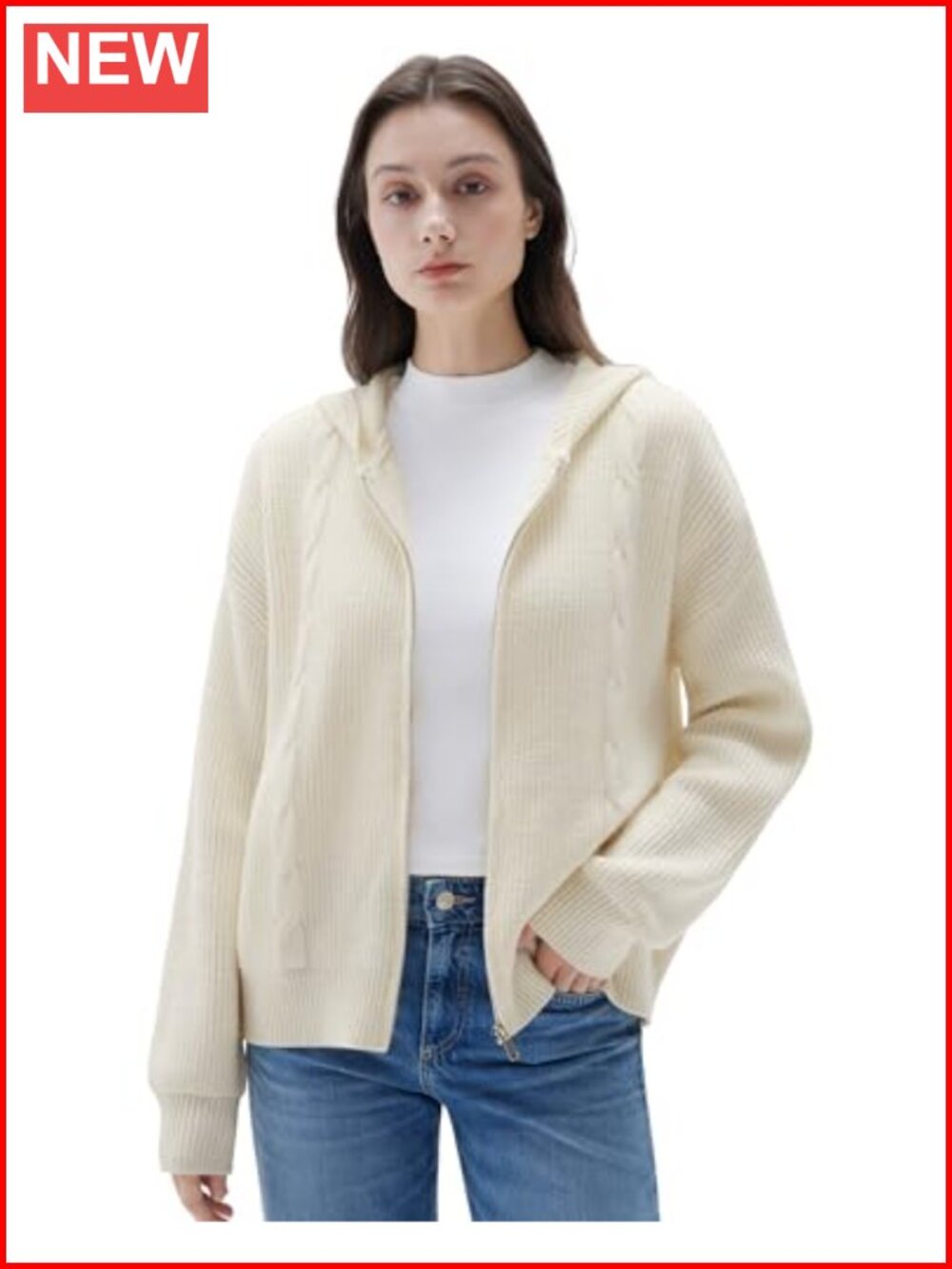 Cashmere Blend Chunky Knit Zip Up Hooded Cardigan with Pockets